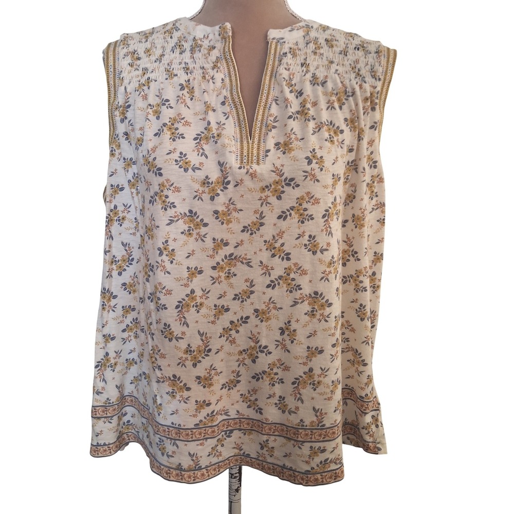 Lucky Brand Womens XL Floral Smocked Split Neck Sleeveless Blouse Ivory Yellow